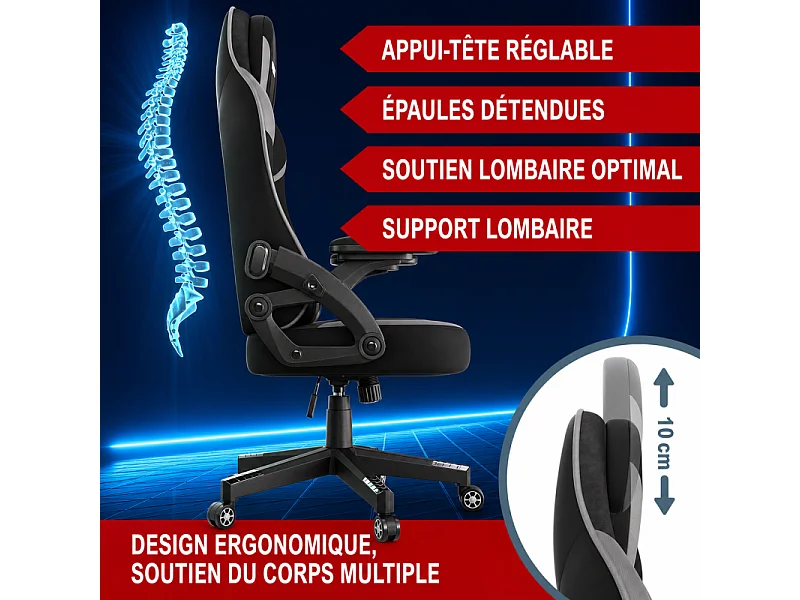 Chaise de bureau gaming Gris ergonomique coussin réglable 150kg  Roulettes universelles pivotant