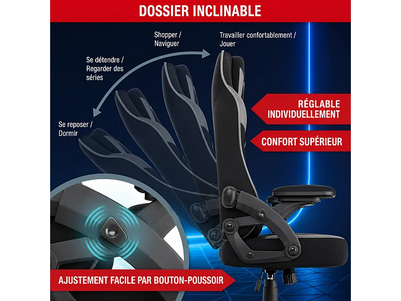 Chaise de bureau gaming Gris ergonomique coussin réglable 150kg  Roulettes universelles pivotant