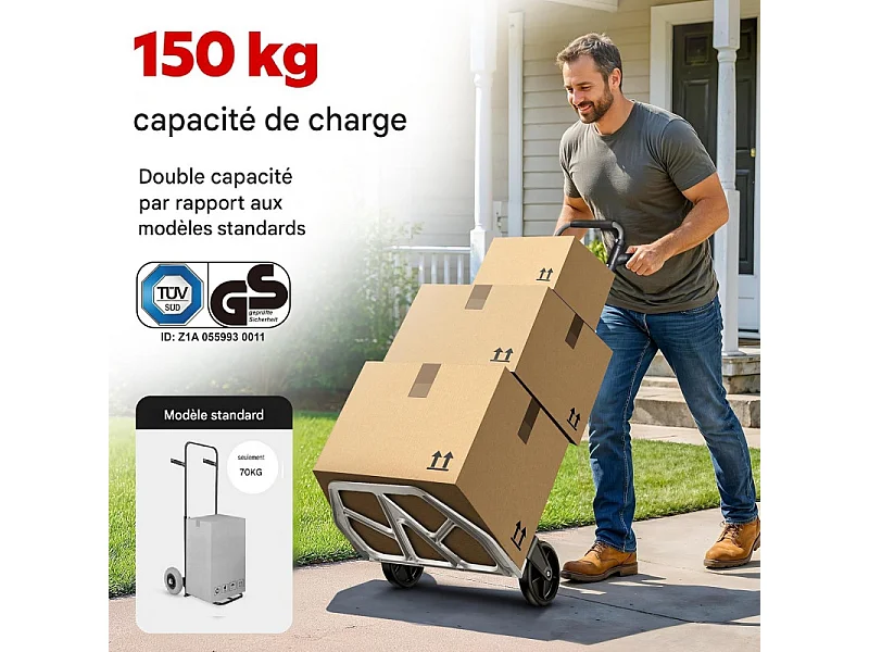 Diable pliable Chariot de transport charge max.150kg pliable grande capacité de charge