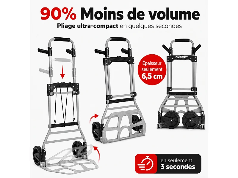 Diable pliable Chariot de transport charge max.150kg pliable grande capacité de charge