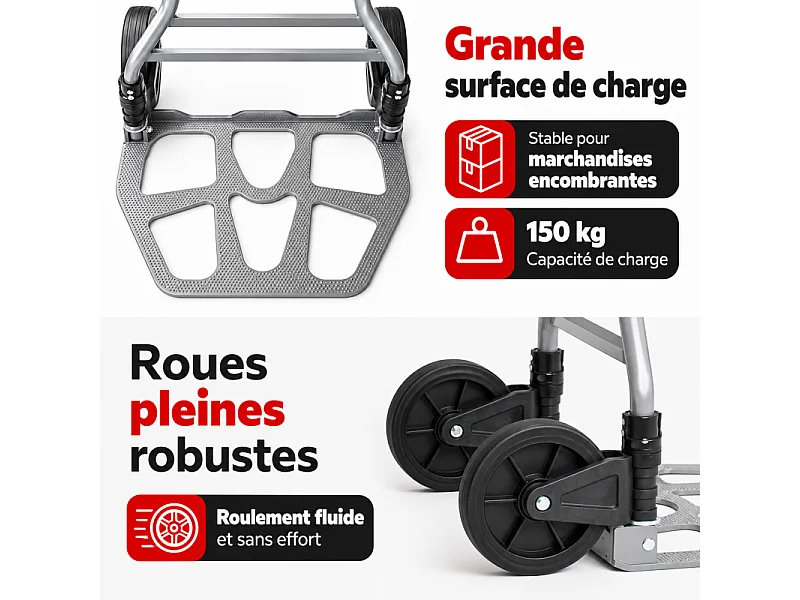 Diable pliable Chariot de transport charge max.150kg pliable grande capacité de charge