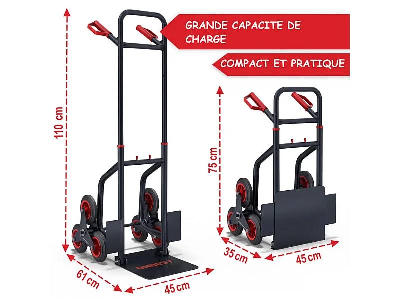 Diable pliable Chariot de transport charge max.150kg monte escalier cadre en acier