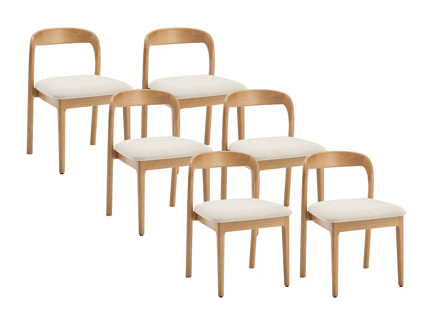 Lot de 6 chaises en tissu texturé et bois d'hévéa - Crème - SERYNA