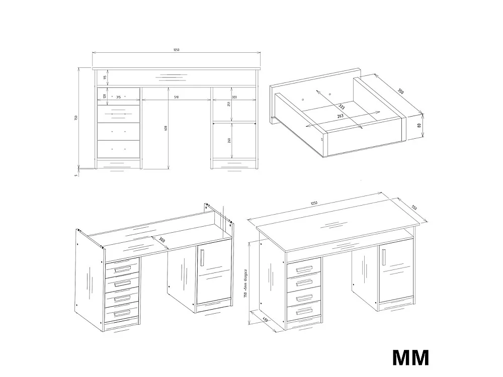 Bureau ADA Antraciet  Eiken 125 CM Antraciet Eiken