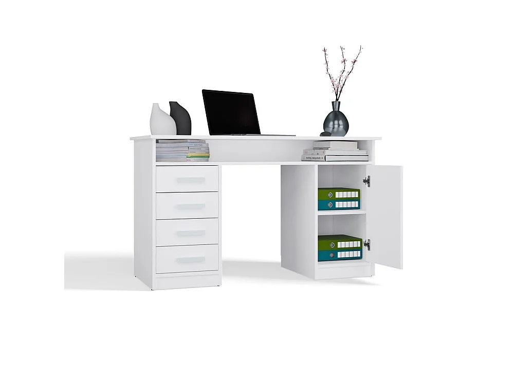 Bureau Maxy-Shop Blanc à 4 Tiroirs de 125 cm avec Rangement