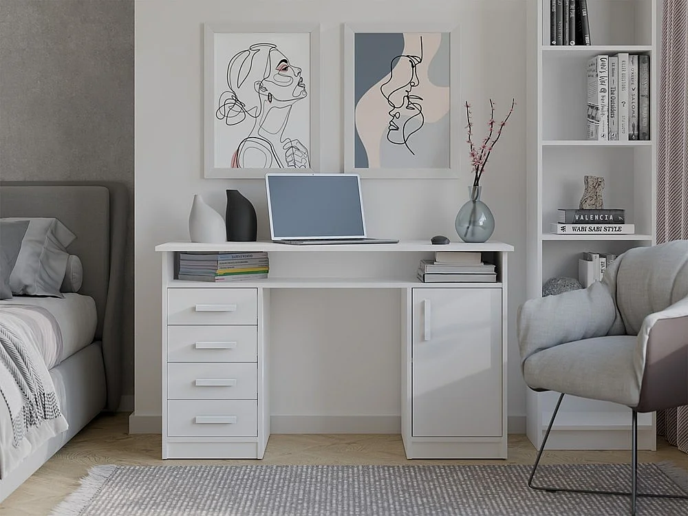 Bureau Maxy-Shop Blanc à 4 Tiroirs de 125 cm avec Rangement