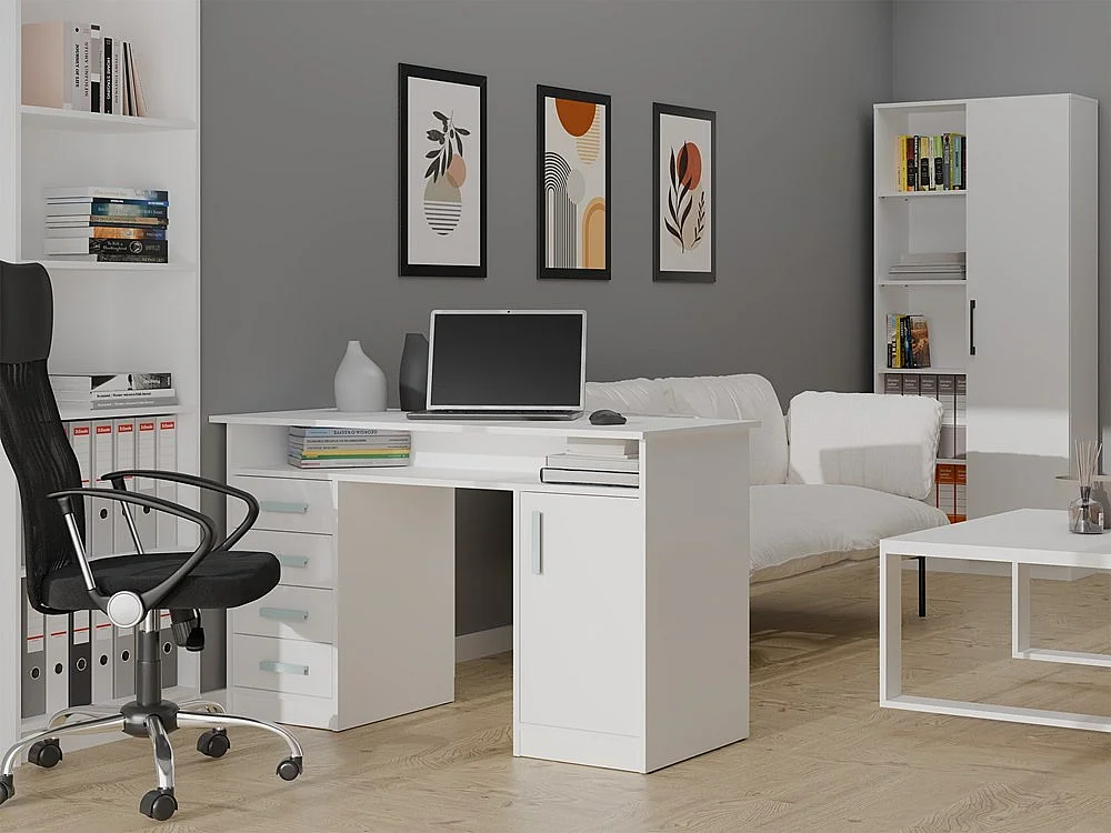 Bureau Maxy-Shop Blanc à 4 Tiroirs de 125 cm avec Rangement