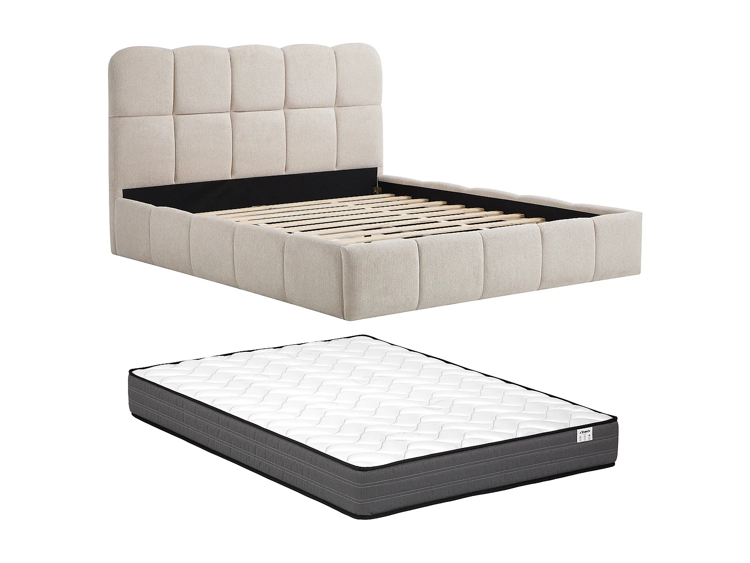 Lit 140 x 190 cm – Tissu texturé – Beige + Matelas – DILUDO