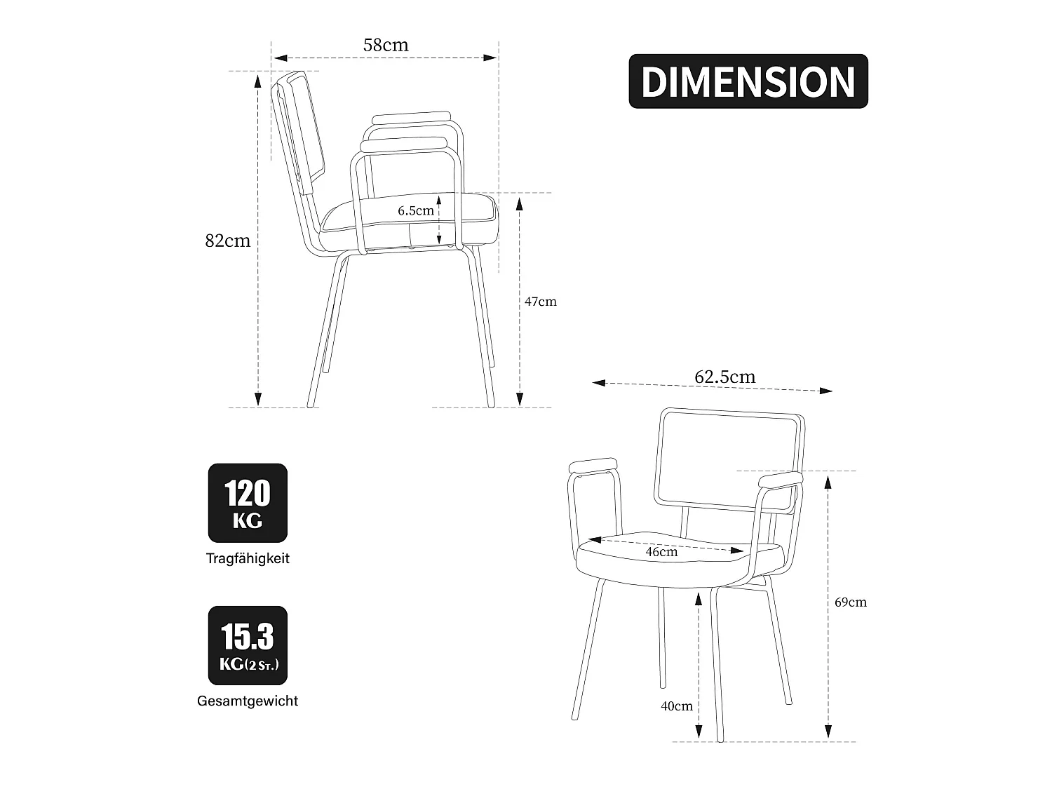 Set van 2 eetkamerstoelen van PU-leer met armleuningen - Metalen poten - Bruin