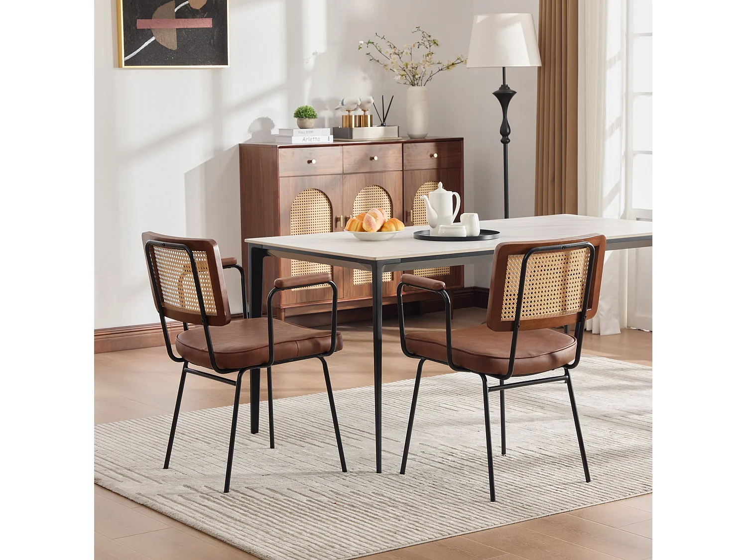 Set van 2 eetkamerstoelen van PU-leer met armleuningen - Metalen poten - Bruin