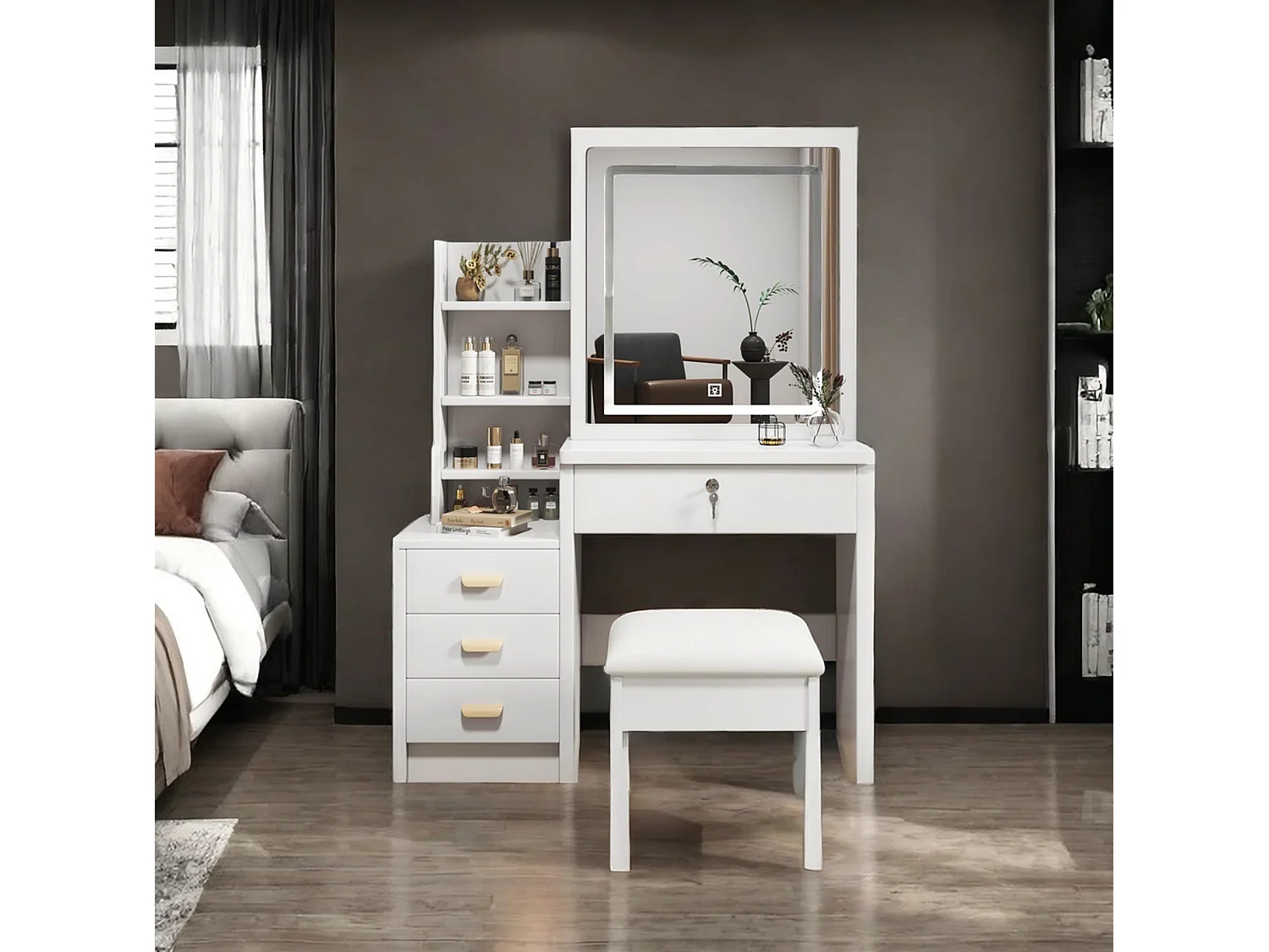 Coiffeuse 85x36x130 cm avec tabouret, miroir LED 3 modes et 4 tiroirs - Blanc