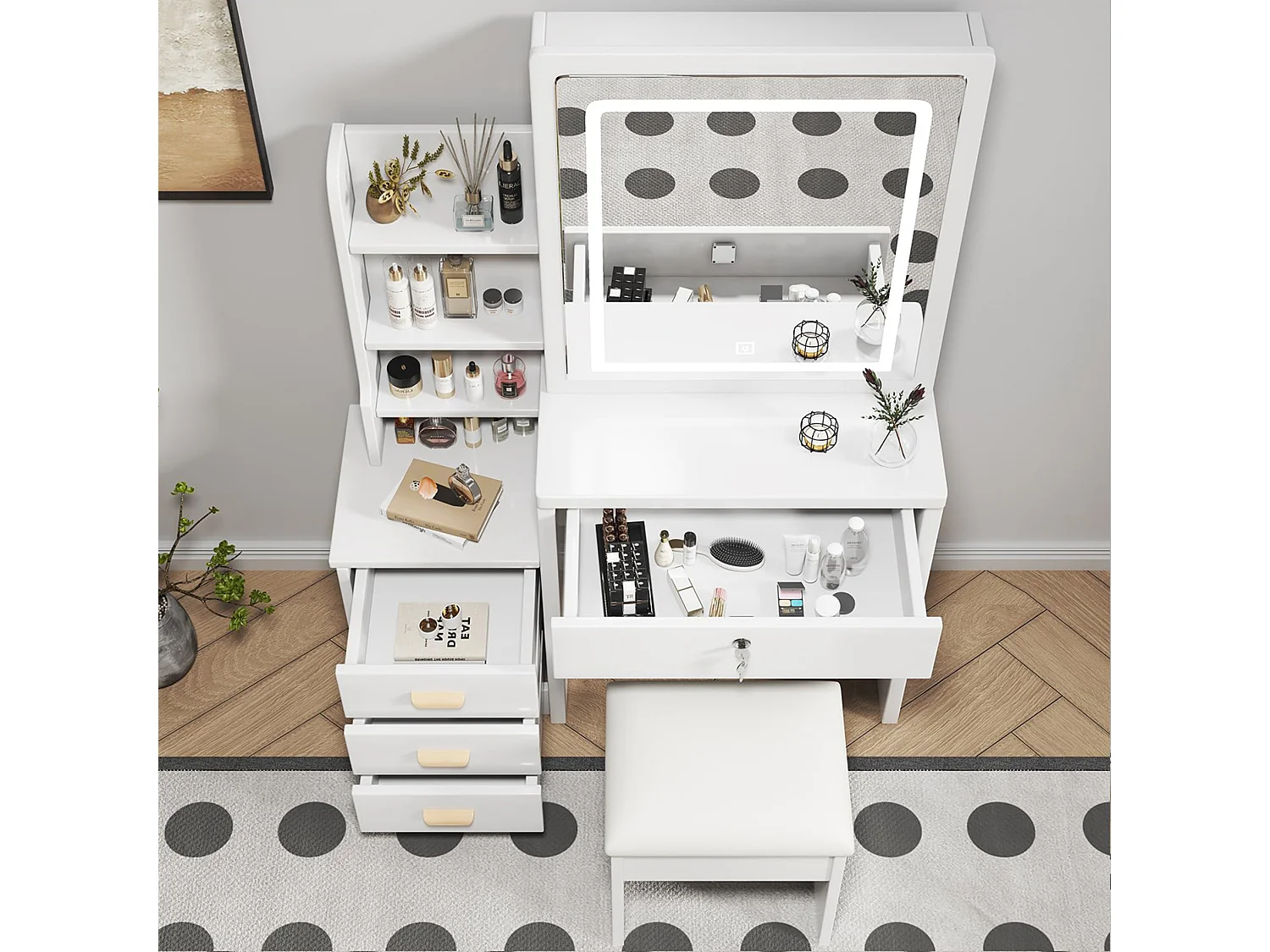 Coiffeuse 85x36x130 cm avec tabouret, miroir LED 3 modes et 4 tiroirs - Blanc