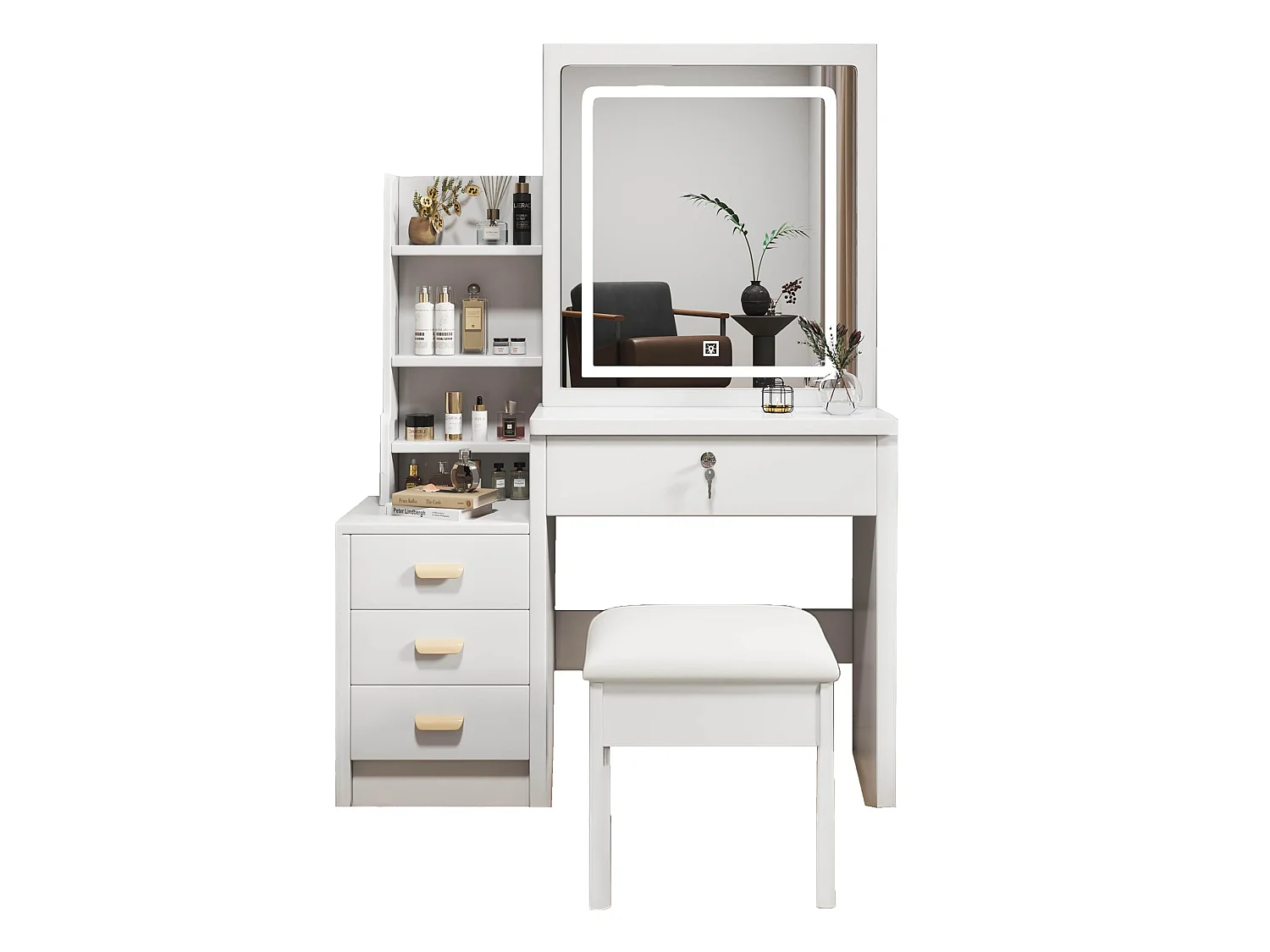 Coiffeuse 85x36x130 cm avec tabouret, miroir LED 3 modes et 4 tiroirs - Blanc