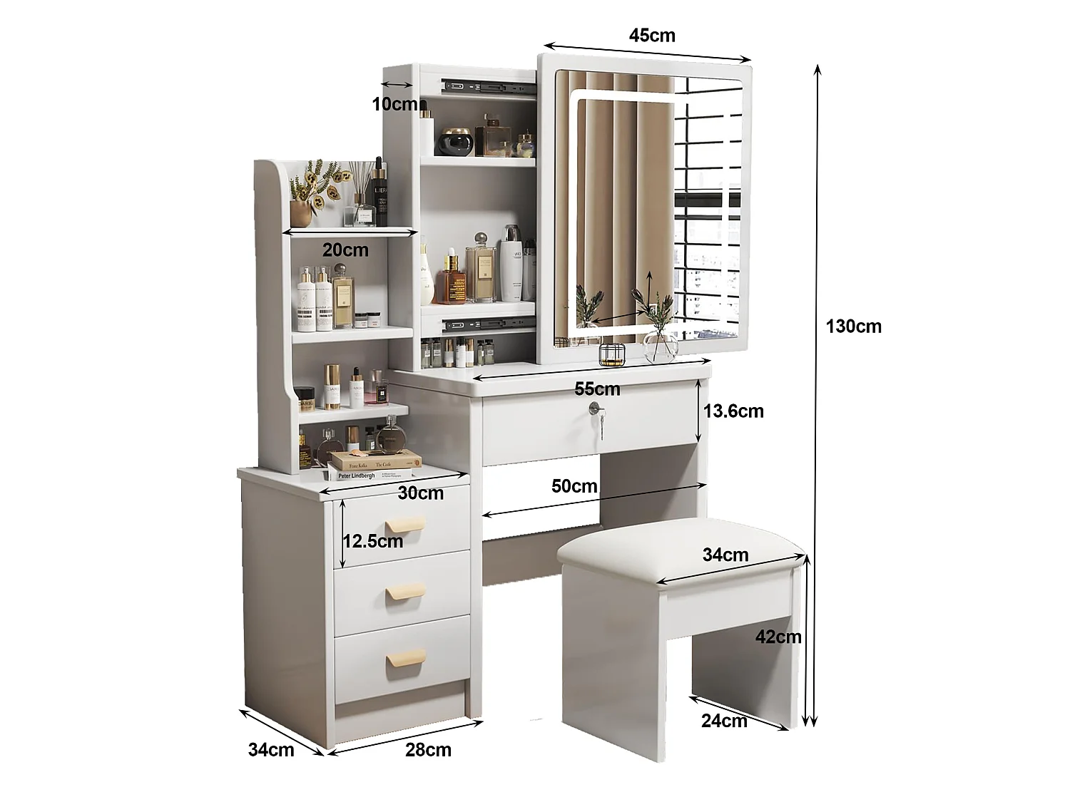 Coiffeuse 85x36x130 cm avec tabouret, miroir LED 3 modes et 4 tiroirs - Blanc