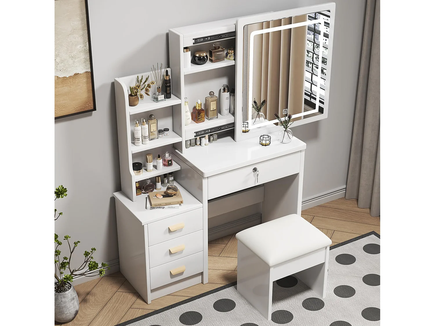 Coiffeuse 85x36x130 cm avec tabouret, miroir LED 3 modes et 4 tiroirs - Blanc