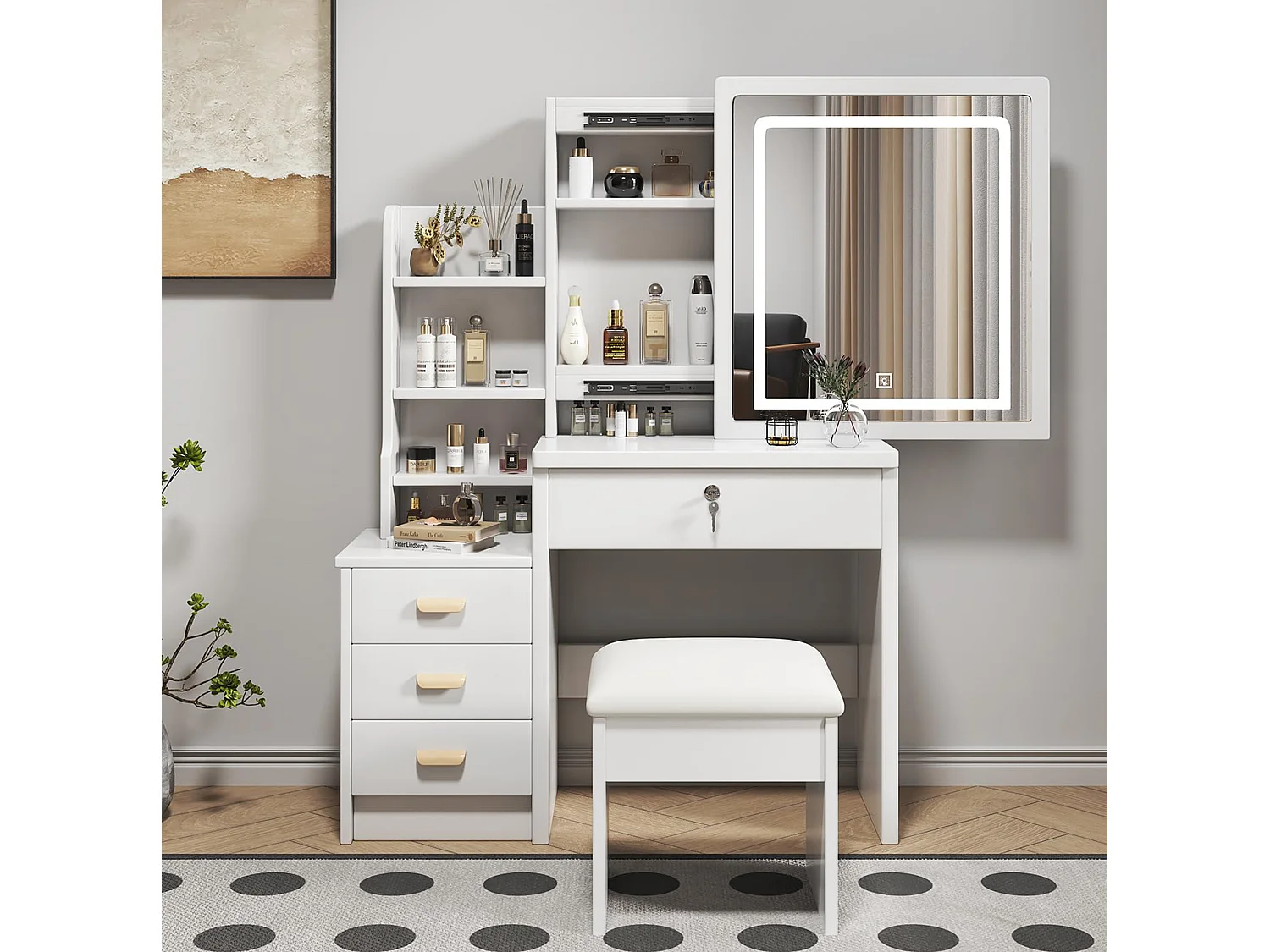 Coiffeuse 85x36x130 cm avec tabouret, miroir LED 3 modes et 4 tiroirs - Blanc