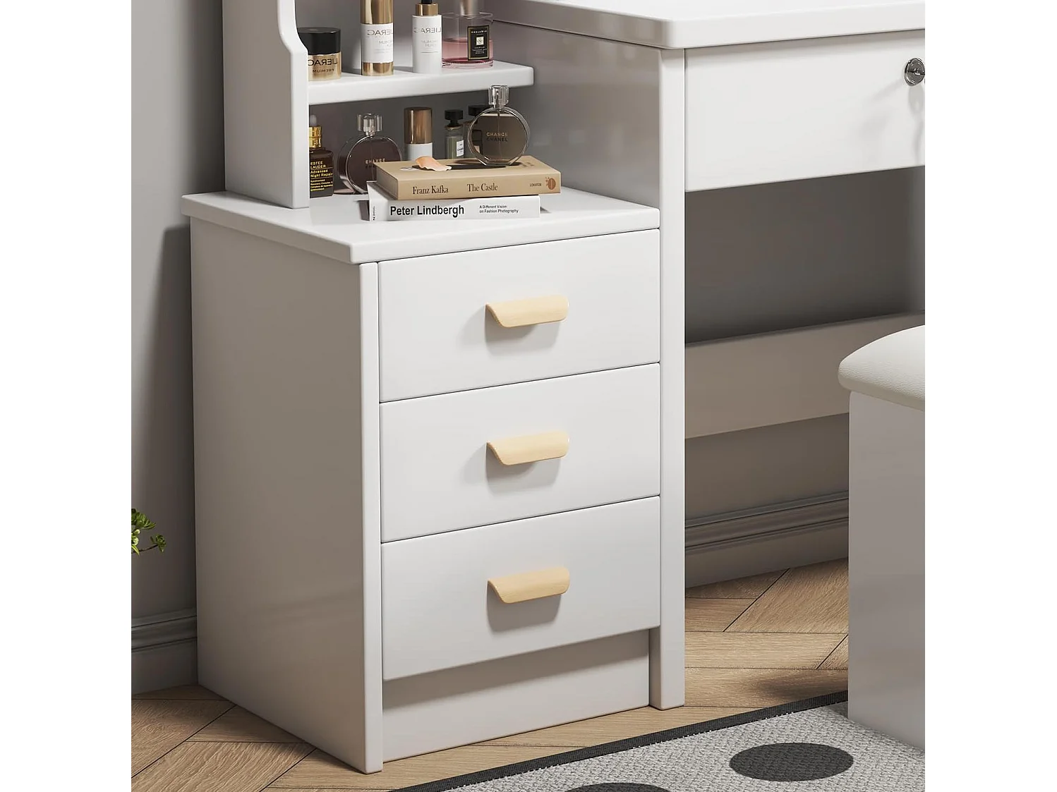 Coiffeuse 85x36x130 cm avec tabouret, miroir LED 3 modes et 4 tiroirs - Blanc