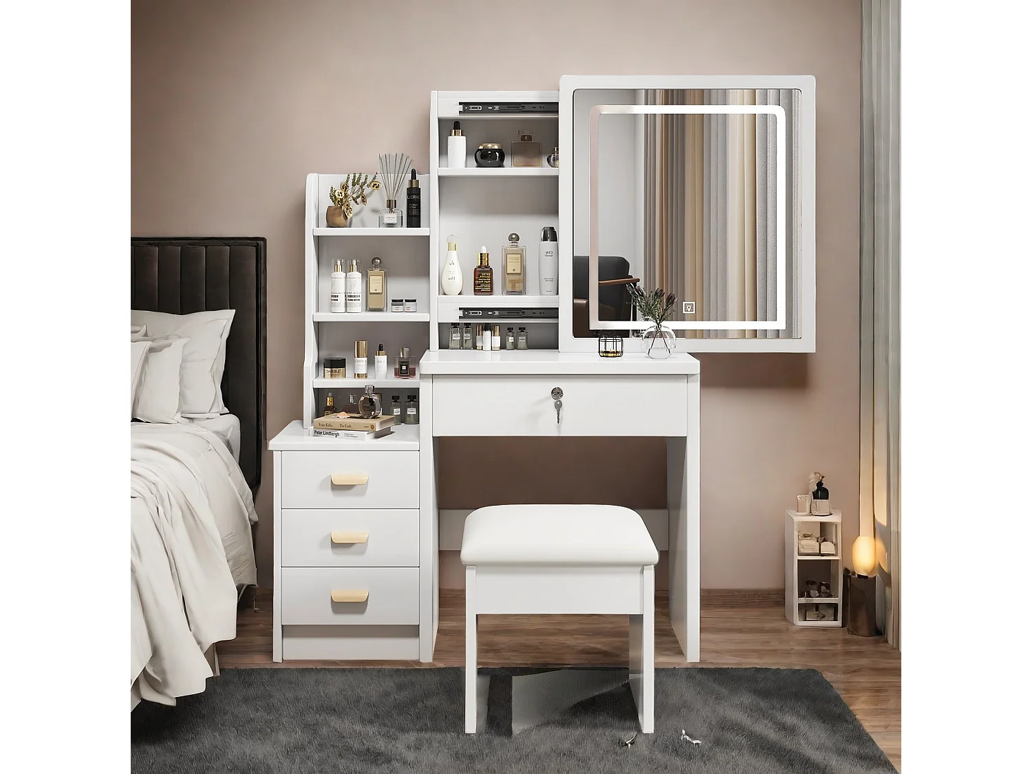 Coiffeuse 85x36x130 cm avec tabouret, miroir LED 3 modes et 4 tiroirs - Blanc