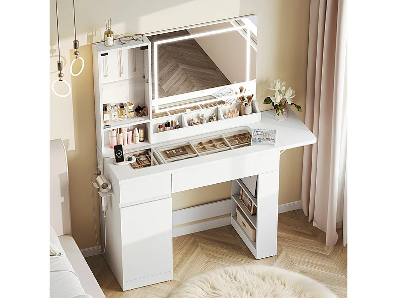 Coiffeuse avec Miroir LED Réglable, Prise et Port USB, 2 Tiroirs, dispositif anti-basculement
