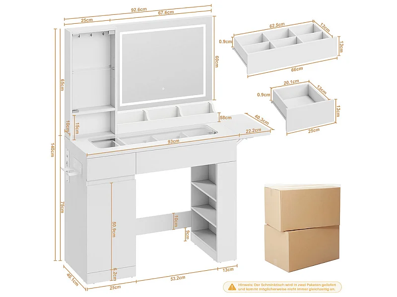 Coiffeuse avec Miroir LED Réglable, Prise et Port USB, 2 Tiroirs, dispositif anti-basculement