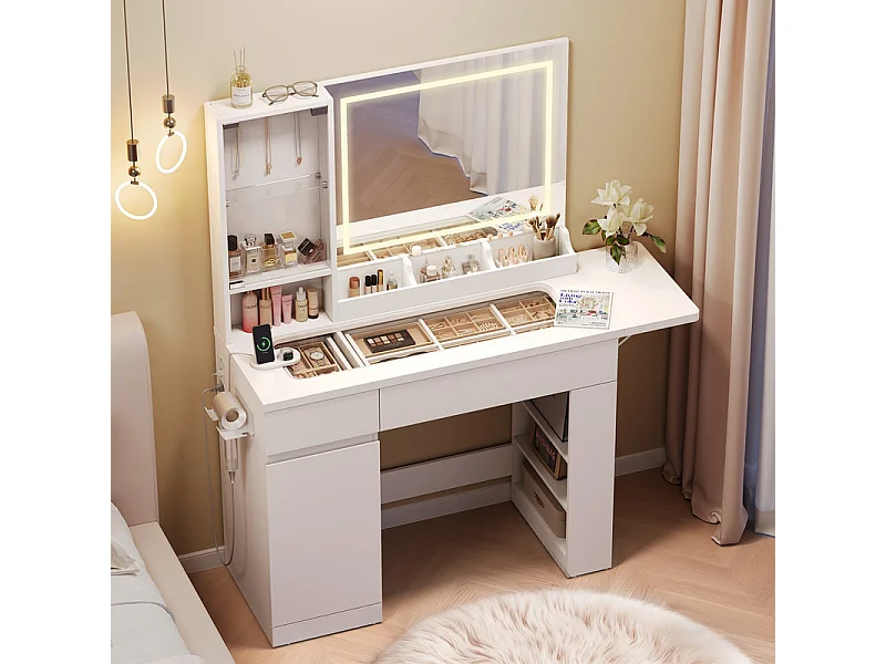 Coiffeuse avec Miroir LED Réglable, Prise et Port USB, 2 Tiroirs, dispositif anti-basculement