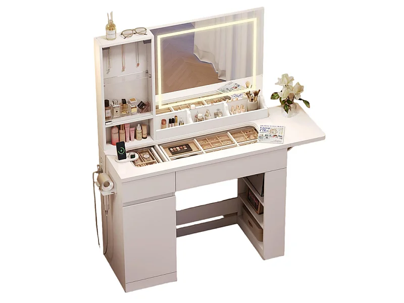 Coiffeuse avec Miroir LED Réglable, Prise et Port USB, 2 Tiroirs, dispositif anti-basculement