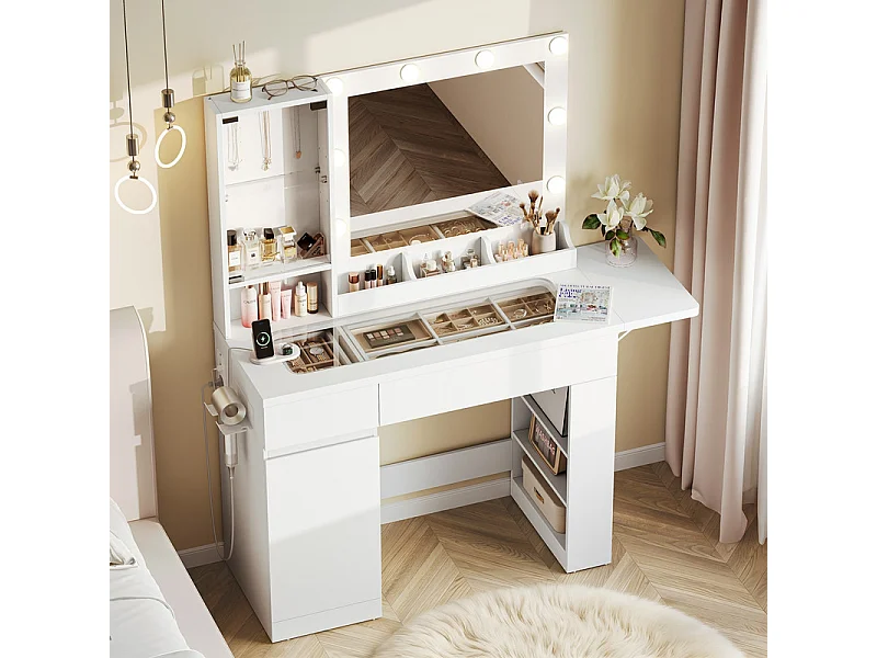 Coiffeuse avec Miroir, 8 Ampoules Réglable, Prise et Port USB, 2 Tiroirs, 93x40x140cm