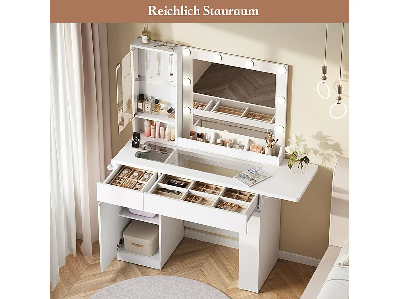 Coiffeuse avec Miroir, 8 Ampoules Réglable, Prise et Port USB, 2 Tiroirs, 93x40x140cm