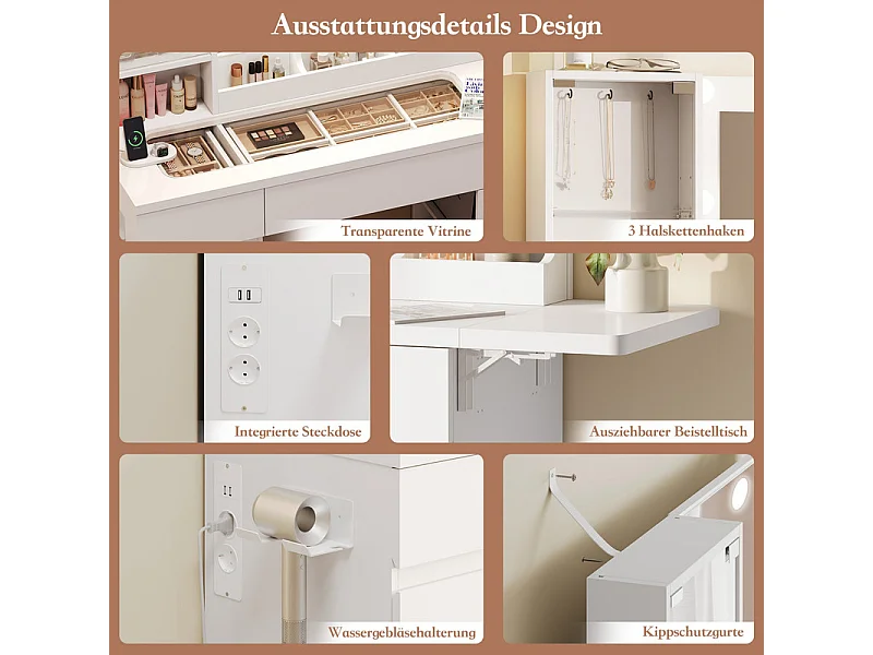 Coiffeuse avec Miroir, 8 Ampoules Réglable, Prise et Port USB, 2 Tiroirs, 93x40x140cm