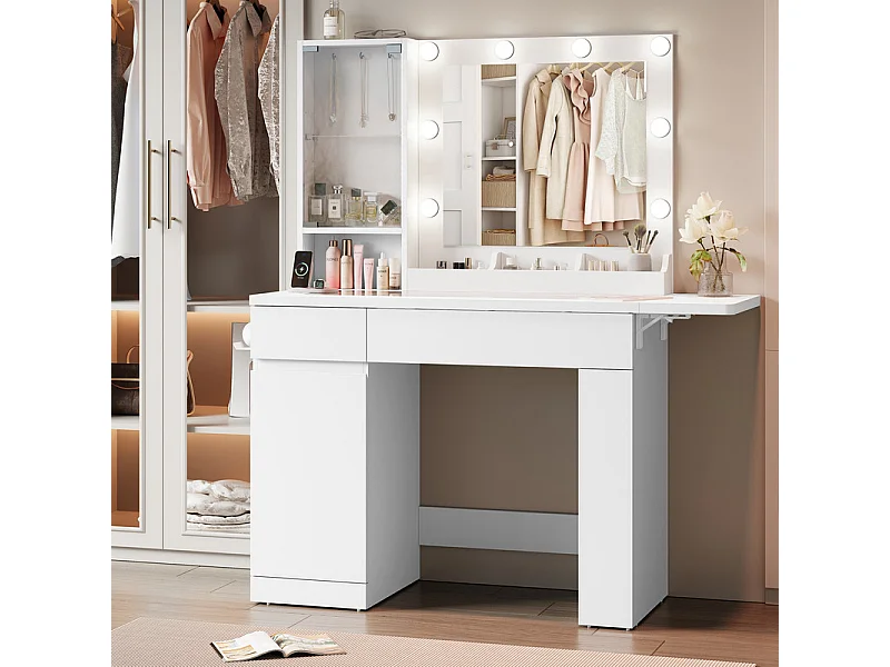 Coiffeuse avec Miroir, 8 Ampoules Réglable, Prise et Port USB, 2 Tiroirs, 93x40x140cm