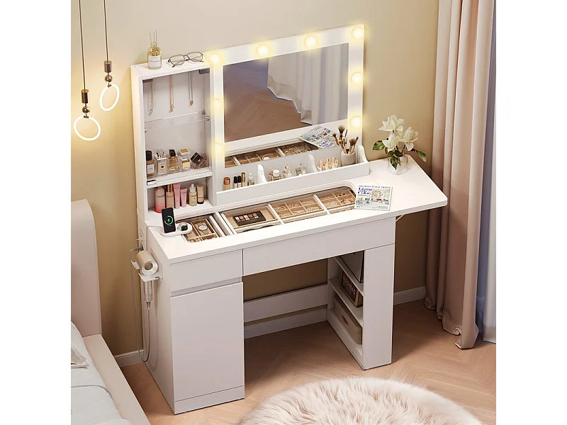Coiffeuse avec Miroir, 8 Ampoules Réglable, Prise et Port USB, 2 Tiroirs, 93x40x140cm