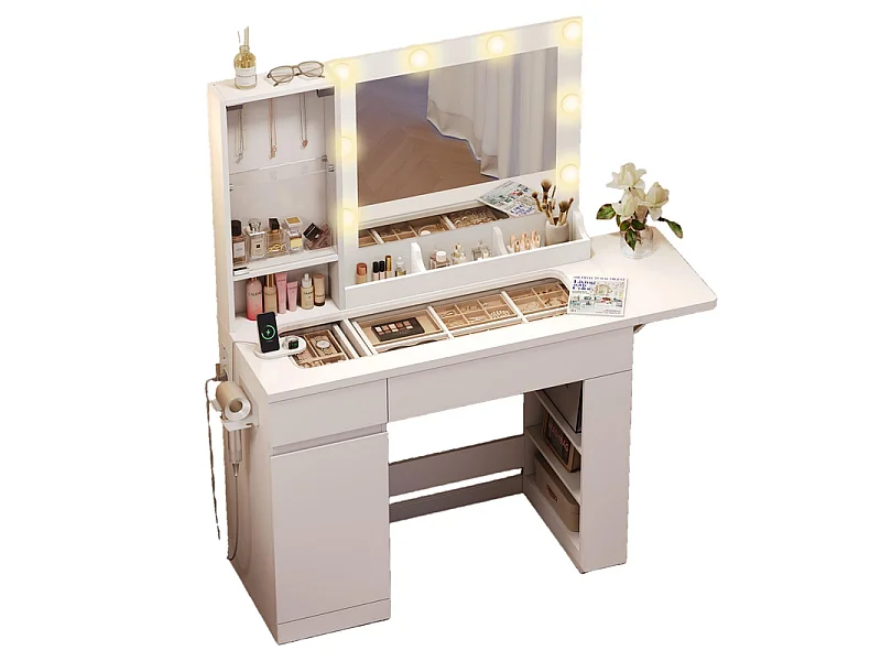 Coiffeuse avec Miroir, 8 Ampoules Réglable, Prise et Port USB, 2 Tiroirs, 93x40x140cm