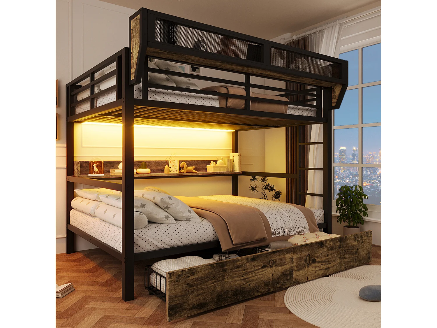 Lit superposé 140 x 200 cm en métal noir - Lit enfant avec 2 tiroirs , LED et étagère