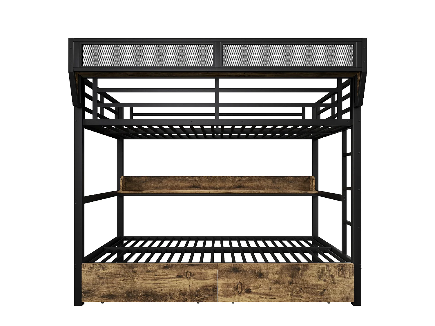 Lit superposé 140 x 200 cm en métal noir - Lit enfant avec 2 tiroirs , LED et étagère