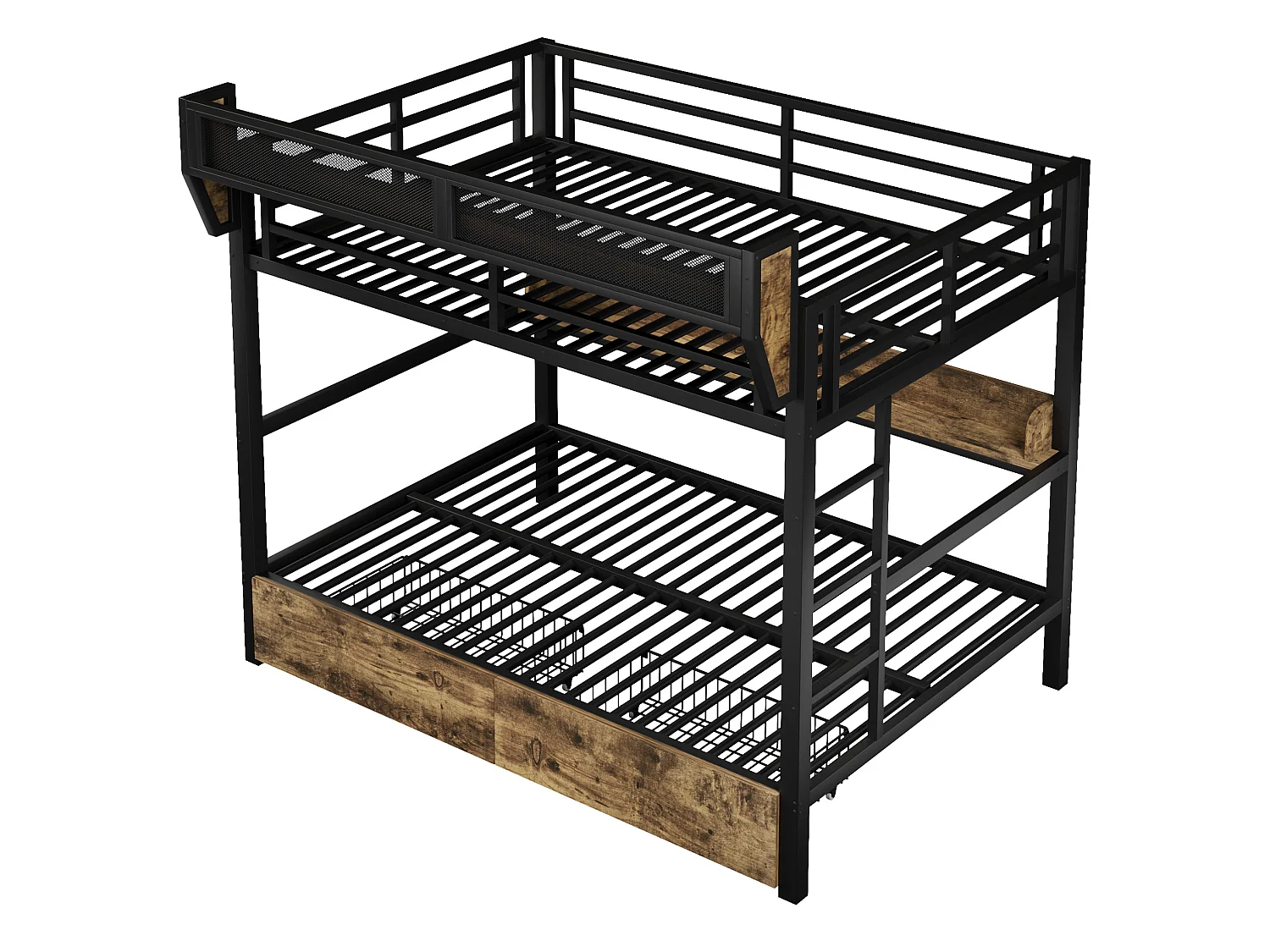 Lit superposé 140 x 200 cm en métal noir - Lit enfant avec 2 tiroirs , LED et étagère