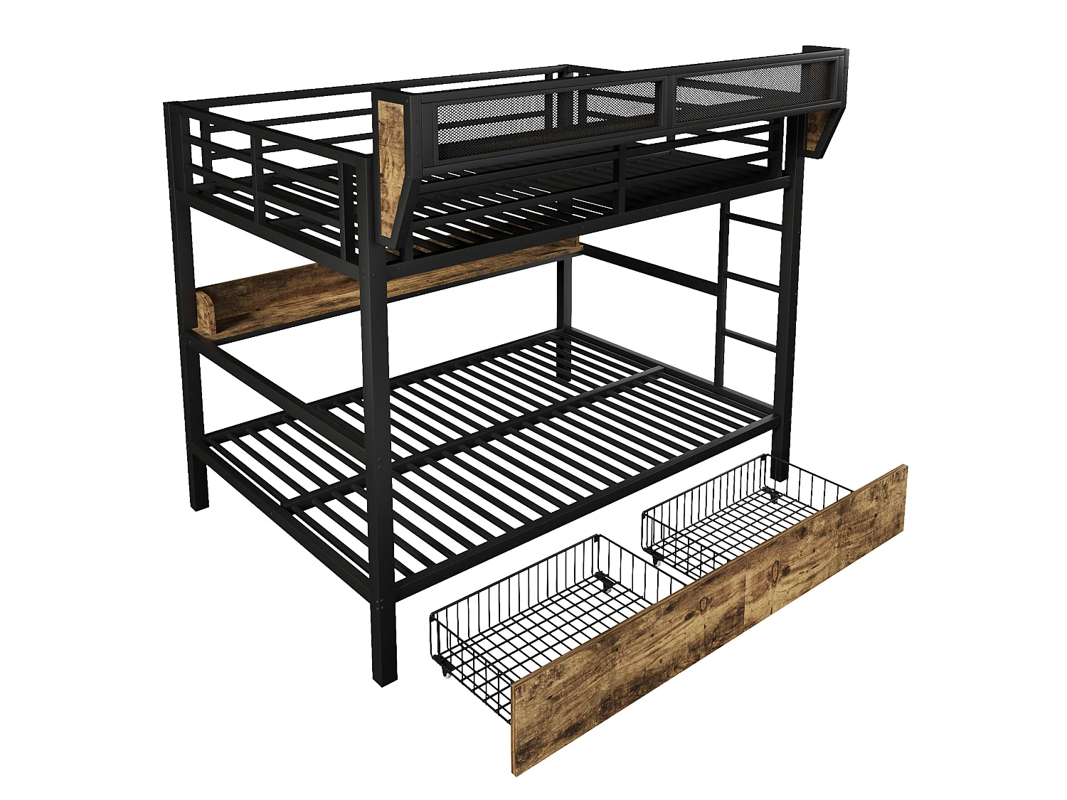 Lit superposé 140 x 200 cm en métal noir - Lit enfant avec 2 tiroirs , LED et étagère