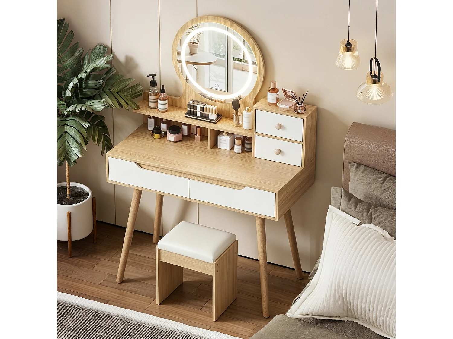 Sminkbord 80x40x137 cm med LED-spegel, pall och 2 lådor – Ljus naturfärgad finish