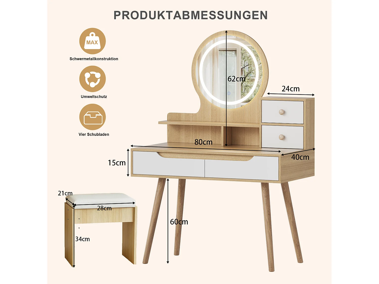 Sminkbord 80x40x137 cm med LED-spegel, pall och 2 lådor – Ljus naturfärgad finish