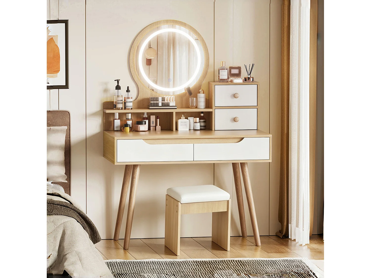 Sminkbord 80x40x137 cm med LED-spegel, pall och 2 lådor – Ljus naturfärgad finish