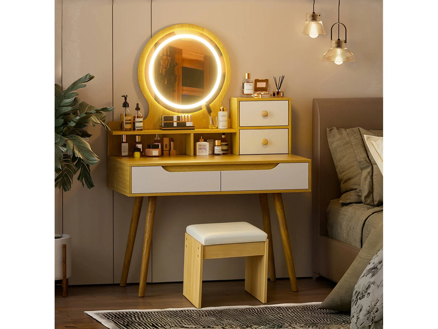 Sminkbord 80x40x137 cm med LED-spegel, pall och 2 lådor – Ljus naturfärgad finish