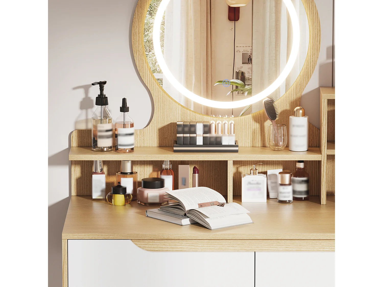 Sminkbord 80x40x137 cm med LED-spegel, pall och 2 lådor – Ljus naturfärgad finish