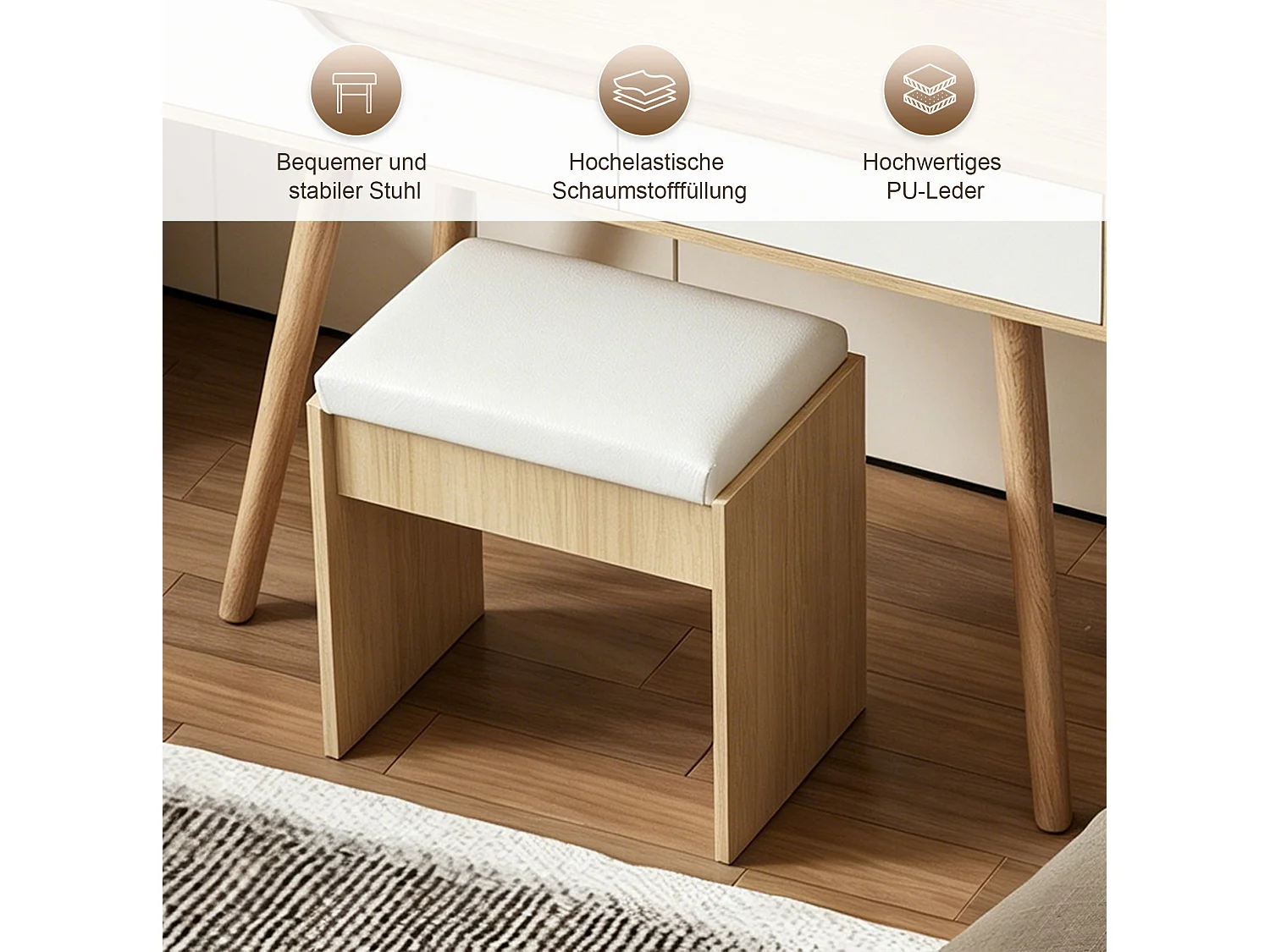 Sminkbord 80x40x137 cm med LED-spegel, pall och 2 lådor – Ljus naturfärgad finish