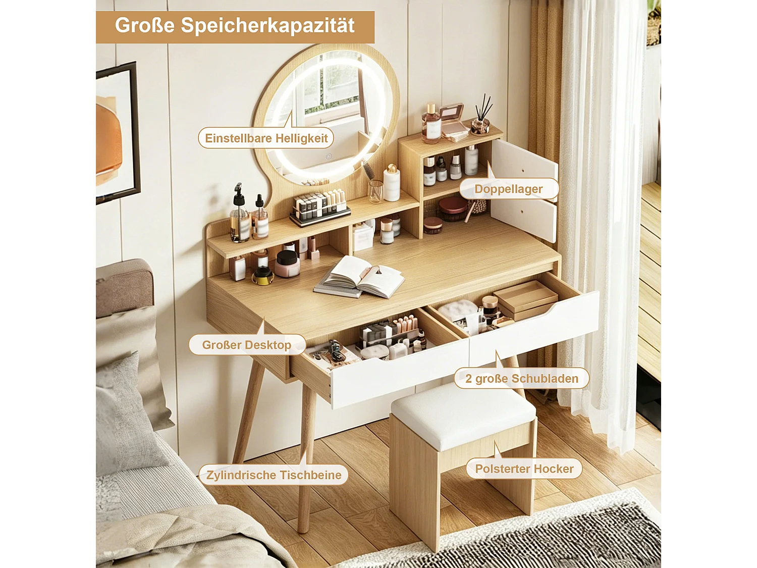 Sminkbord 80x40x137 cm med LED-spegel, pall och 2 lådor – Ljus naturfärgad finish