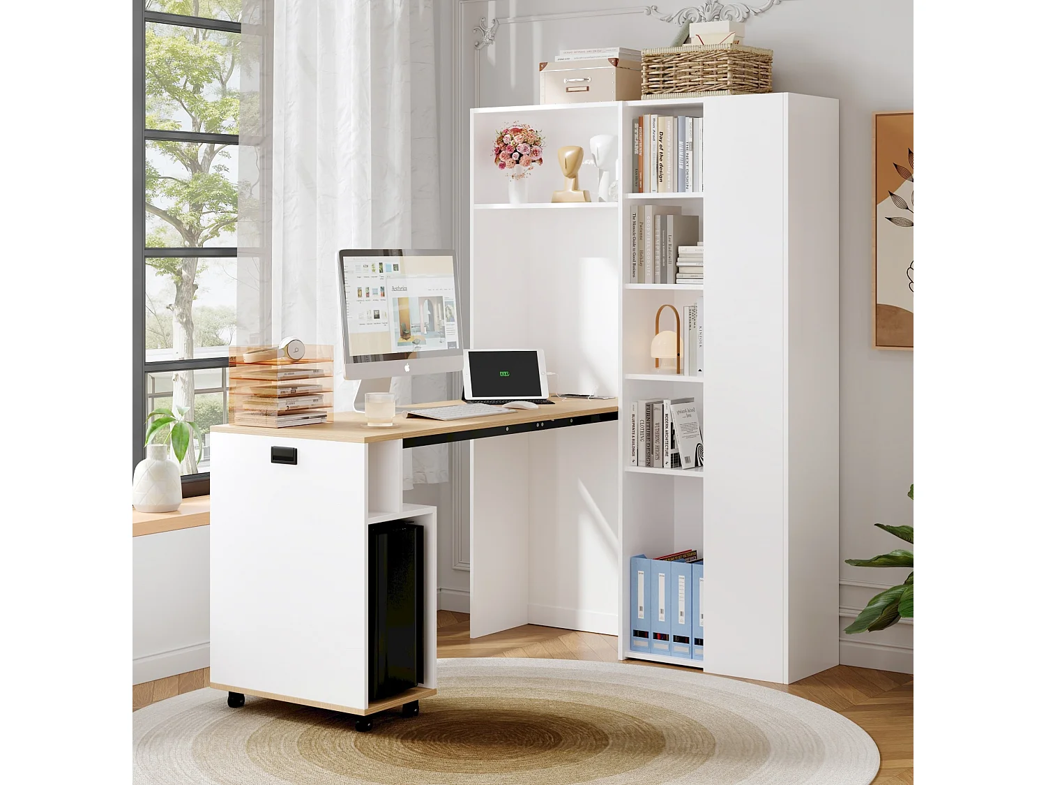 Opvouwbaar 2-in-1 bureau met boekenkast en stopcontact – Wit en hout
