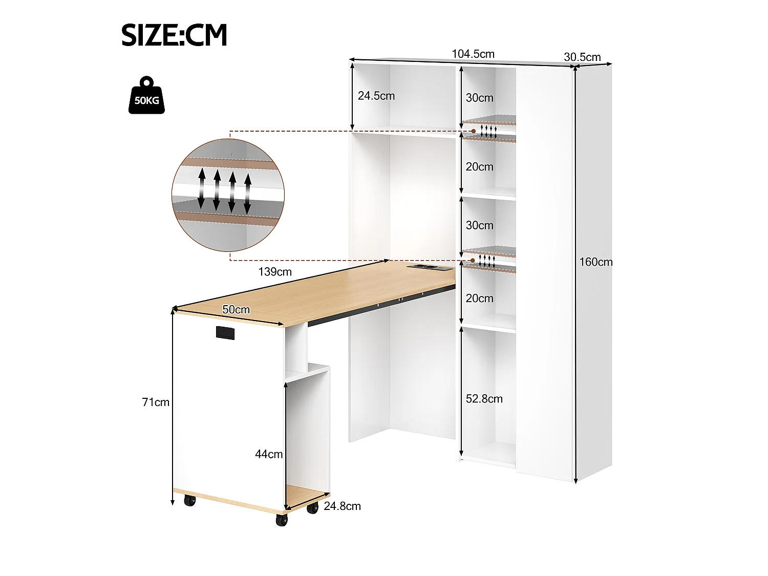 Opvouwbaar 2-in-1 bureau met boekenkast en stopcontact – Wit en hout