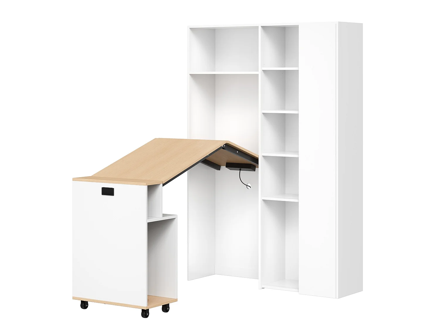 Opvouwbaar 2-in-1 bureau met boekenkast en stopcontact – Wit en hout