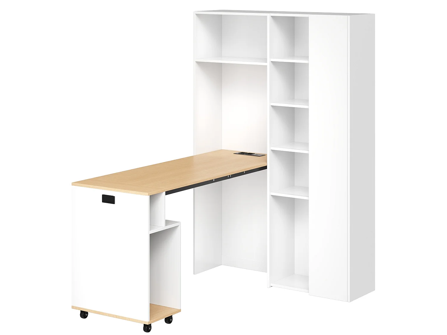 Opvouwbaar 2-in-1 bureau met boekenkast en stopcontact – Wit en hout