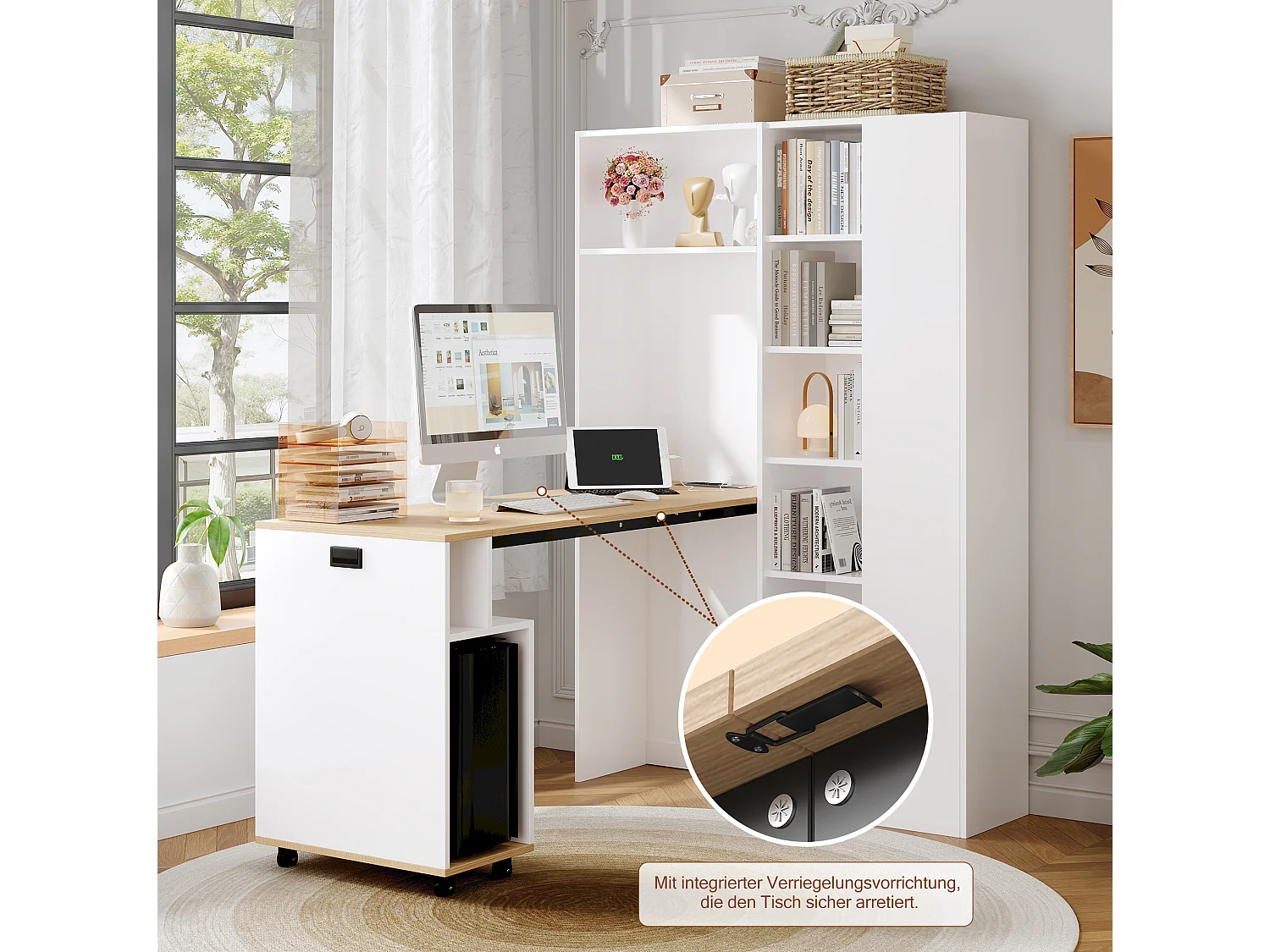 Opvouwbaar 2-in-1 bureau met boekenkast en stopcontact – Wit en hout