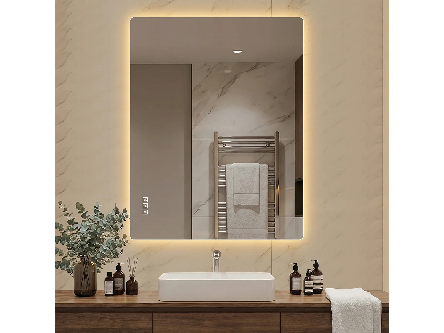 Specchio da bagno a LED 70×90 cm – Intensità regolabile tramite comando touch e funzione antiappannamento