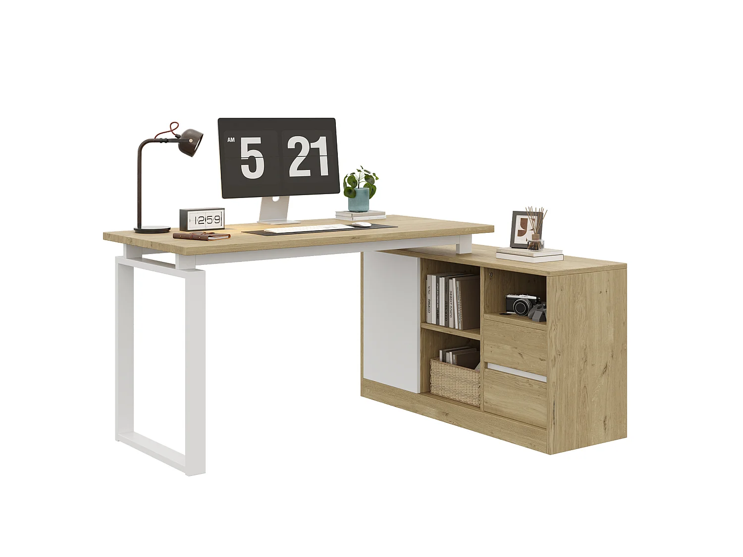 Hoekbureau met 2 lades en opbergruimte - MDF en metaal - Natuurlijk hout en wit